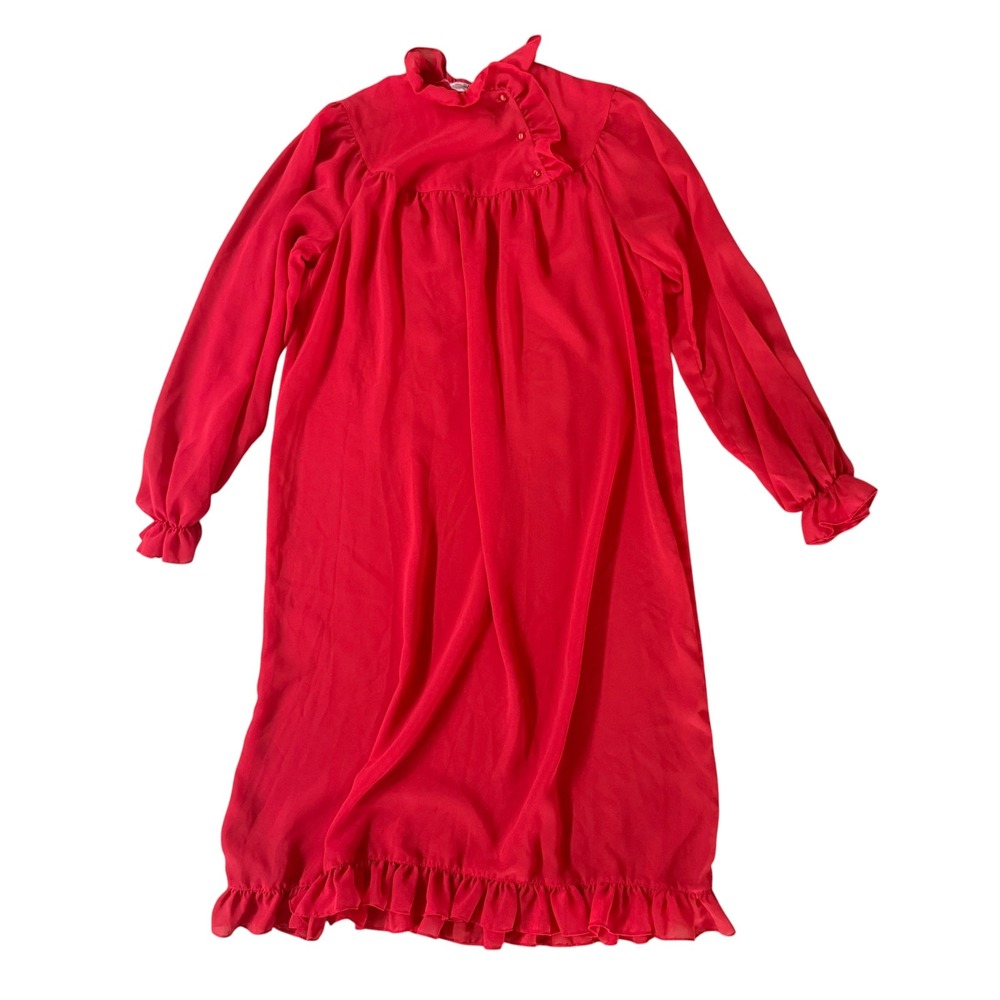 Vintage New Raves Nightgown Ruffle Yoke Prairie Cottagecore Medium Red 70s dress